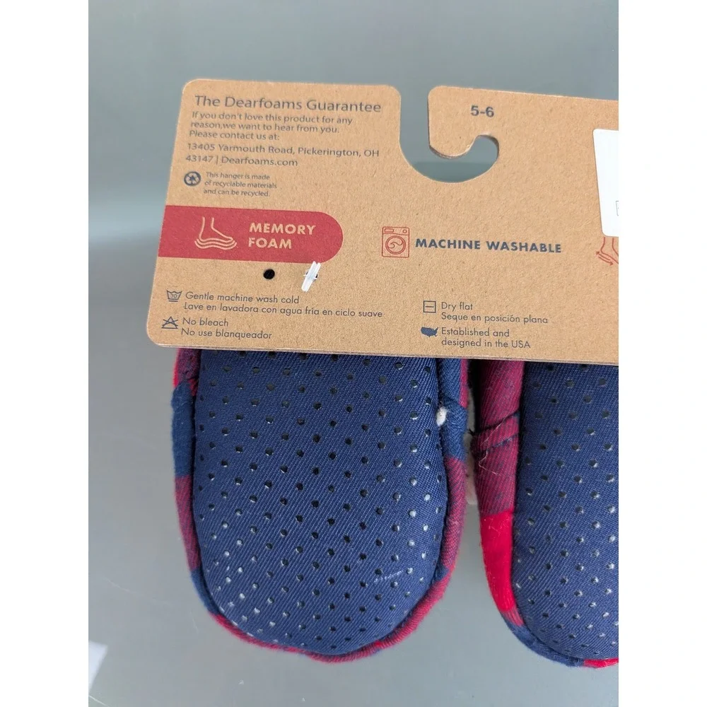 Dearfoams Baby Bear Plaid Slippers Red Navy Blue Buffalo Check Memory Foam 5-6